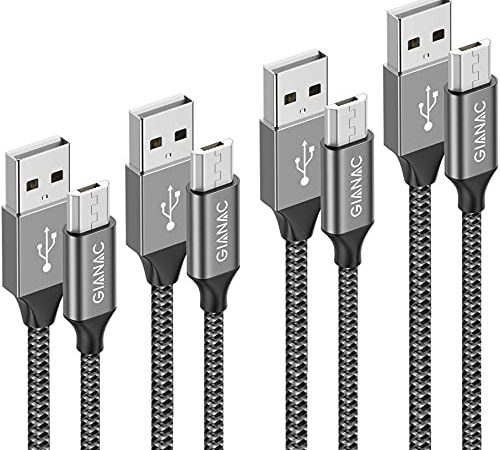 Câble Micro USB, [0.5m 1m 2m 3m/Lot de 4] Nylon Tressé Micro USB Cable Chargeur Charge Rapide et Synchro pour Android Samsung Galaxy S7 S6 Edge J3 J5,Redmi Note 5, Huawei,Sony-Gris