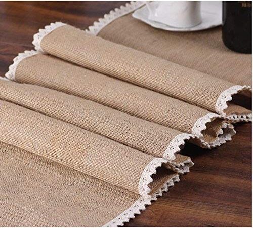 Chemin de table couleur crème en toile de jute et dentelle - 30,5 x 274,3 cm - Style rustique, campagnard - Pour décoration d'extérieur, fête, mariage, cuisine, ferme