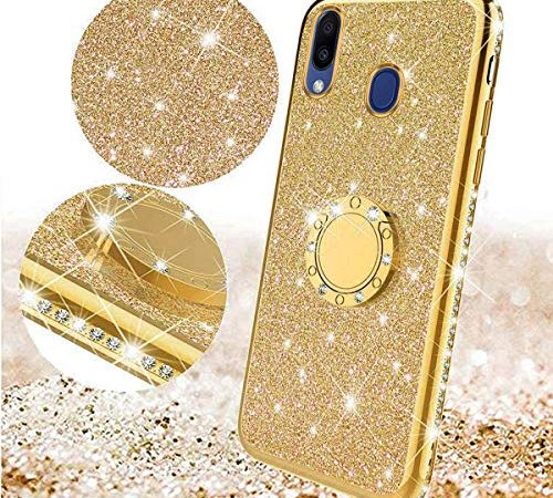 Coque Compatible avec Samsung Galaxy A40 Coque Silicone Bling Gliter Paillette Brillant Luxueux Strass Coque Etui + Bague Support Téléphone TPU Souple Anti-Choc Métal Coque Housse Etui Galaxy A40,Or