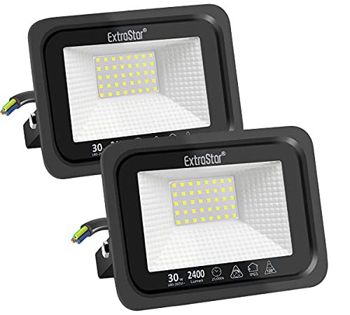 EXTRASTAR Projecteurs LED Extérieur 30W, IP65 Etanche, 2400LM, Spot LED Extérieur, 6500K Blanc Froid, Eclairage de Sécurité, pour Jardin Terrasse Garage Patio Grange Cour, Lot de 2