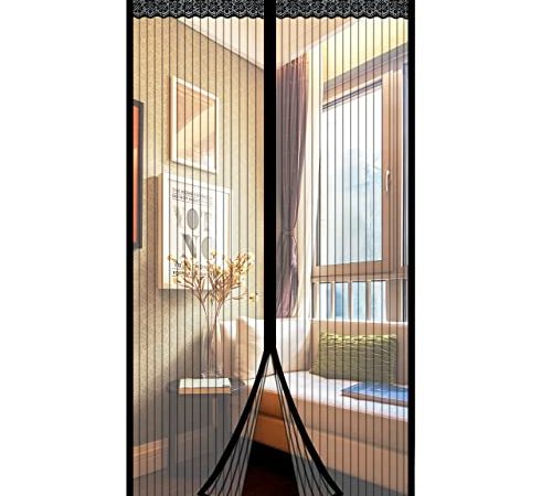 Moustiquaire porte Magnétique, Emooqi Moustiquaire à Fermeture Aimantée Moustiquaire porte Fenetre Rideau 90x210cm Maille Fine avec Rubans Adhésifs Facile à installer pour Couloirs Portes Patio - Noir