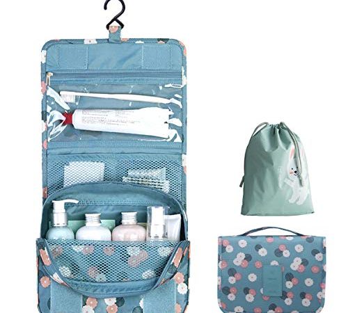 OrgaWise Trousse de Toilette Femme Pliable Étanche, Portable Trousse de Toilette Multifonction, Envoyer Un Joli Petit Sac (Daisy Bleu)