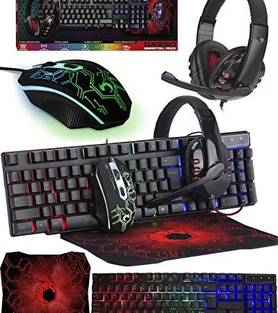 Orzly Kit de Jeu Rx250 4 en 1 composé d’Un Clavier rétroéclairé RVB [Disposition QWERTZ FR] d’Une Souris [jusqu'à 3200 DPI] d’Un Casque de Jeu et d’Un Tapis de Souris Grand Format pour PC, Xbox, PS4