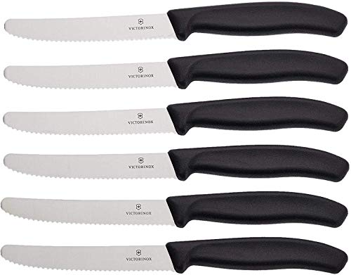 Victorinox Swiss Classic 6 Pièces Couteau à Tomates avec Tranchant Denté, Lame de 11 cm, Lavable au Lave-Vaisselle, Noir