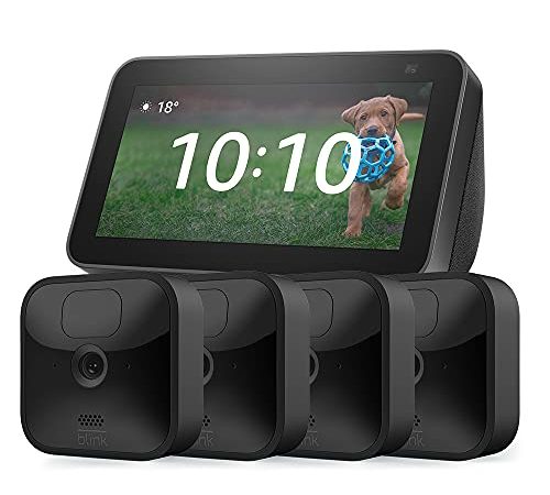 Blink Outdoor, Caméra de surveillance HD sans fil (Kit 4 caméras) + Echo Show 5 (2e génération, modèle 2021), Anthracite