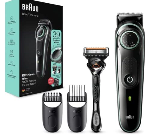 Braun Beard Trimmer 3, Tondeuse Électrique à Barbe et Cheveux Pour Homme, Tondeuse Pour Le Corps, Avec Sabot Pour Zones Sensibles, Noir/Gris, BT3341