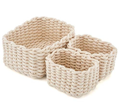 EZOWare Panier de Rangement en Corde de Coton, Boîte de Rangement, Organiseur de Placard pour Bureau, Salle de Bain, Chambre de bébé – Lot de 3, Beige