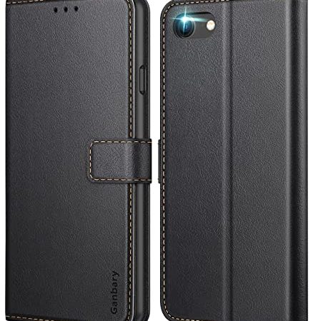 Ganbary Coque pour iPhone SE 2022 5G/SE 2020/7/8, [Housse en Cuir PU Premium] [Etui à Rabat] [Pochette de Portefeuille], Étui de Protection pour iPhone SE 2022 5G/SE 2020/7/8 - Noir