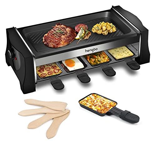 HengBo Appareil a Raclette 8 6 Personnes Appareile à Raclette Grill 1100W avec 8 Mini Poêles, 4 Spatule Cadeau Noel Homme Femme en Bois Plaque de Cuisson Antiadhésive,Noir