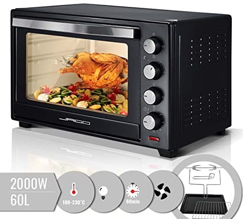 Jago® Mini Four - Capacité 60 L, 2000 W, Minuteur 0-60 min, 100-230°C, 6 Modes de Cuisson, avec Rôtissoire, Grille et Plaque de Four, Double Vitrage, Noir - Four Électrique, à Poser, Ventilé