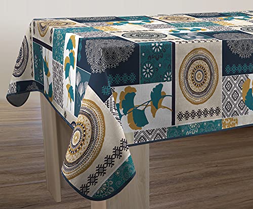 Le linge de Jules Nappe Anti-Taches Patchwork Bleu/Turquoise/Doré - Rectangle 150 x 240 cm NP-126-250