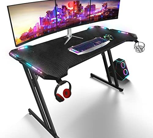 LED Gaming Bureau Gamer Style Esport Ergonomic Bureau pour Bureau Domicile avec Grand Tapis de Souris Porte Gobelet Support Casque 120cm x 60cm X 73cm Noir