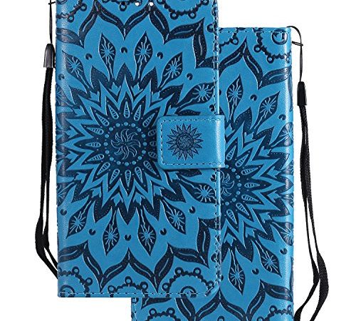 LEMORRY Coque pour Xiaomi Pocophone F1 Etui Cuir Portefeuille Pochette Mince Bumper Protecteur Magnétique Fermeture Fente-Carte Silicone TPU Housse Cover pour Xiaomi Pocophone F1, Fleur (Bleu)