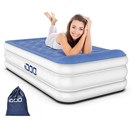 Matelas Gonflable iDOO 1 Personne, Lit Gonflable avec Oreiller Intégré et Pompe, 3 Minutes Rapide Gonflage/dégonflage, Matelas à Air Confortable Adapté à la Maison et au Camping,188x99x46cm,250kg Max