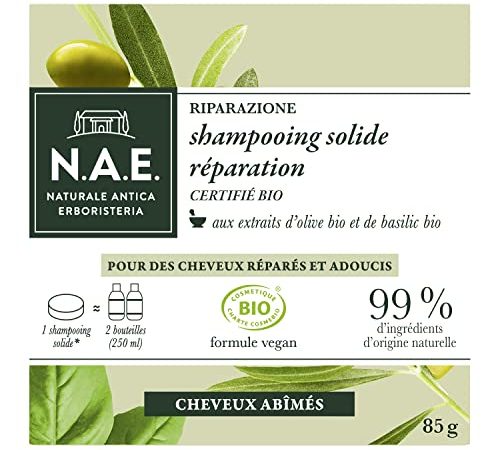 N.A.E. - Shampooing Solide Certifié Bio - Réparation Cheveux Secs - Extraits d'Olive Bio et de Basilic Bio - Formule Vegan - 100 % d'ingrédients d'origine naturelle - Savon de 85 g