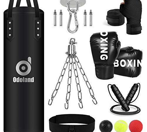 Odoland Sac de Frappe Adulte 100cm Sac de Boxe Non Rempli avec Gants de Boxe Boxing Reflex Ball Chaine Suspension Punching Bag Punching Ball Entraînement de Boxe MMA Muay Thai Kickboxing