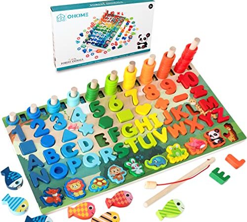 OHOME : Jouet Puzzle Montessori en Bois 6 en 1, Jeu éducatif Enfants 3 4 5 6 Ans Apprendre Les Lettres Les Formes et Les Mathématiques Compter Les Nombres – Chiffres