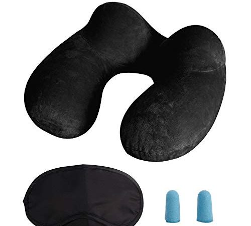 Oreiller de Voyage Gonflable avec Double Vanne, LUZWAY Coussin de Cou Gonflable de Velours Doux et Housse Lavable avec Bouchon d'oreille et Masque pour Les Yeux [Noir]