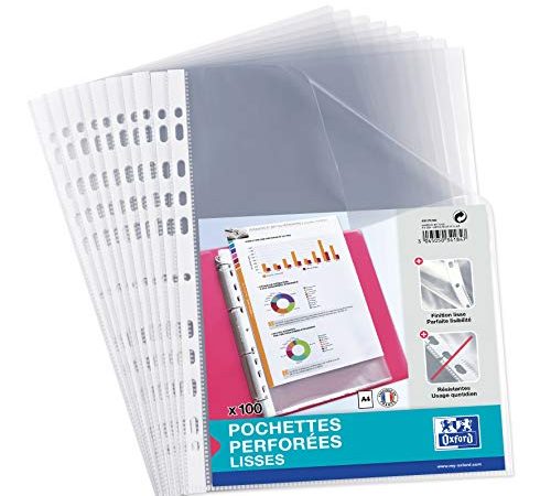 OXFORD Sachet de 100 Pochettes Perforées A4 Polypropylène 5/100e lisse Incolore