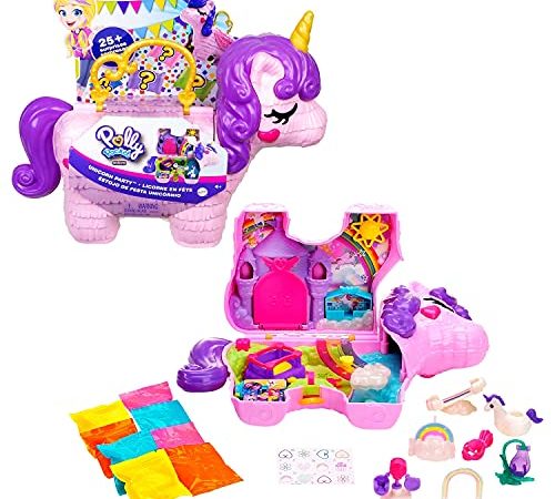 Polly Pocket coffret Licorne en Fête avec mini-figurines Polly et Lila, plusieurs zones de jeu, 25 surprises et accessoires, jouet pour enfant, GVL88