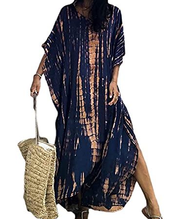 QUNERY Femmes Robe de Plage Femme Longue Boheme Robe Maxi Fleur Kimono Bikini Cover-Up (A-Marine)