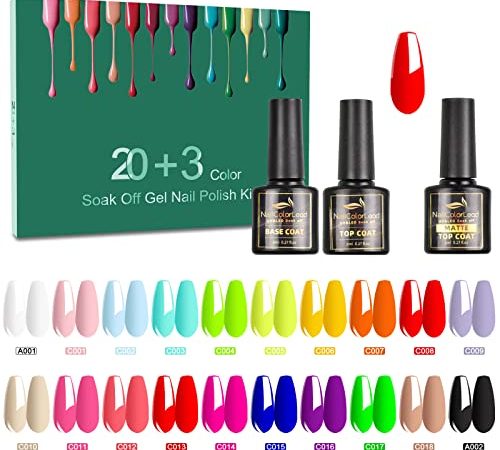 SINZONeu Vernis Semi Permanent 23 Vernis Manucure Nail Art Lot Vernis à Ongles Vernis Gel UV LED Nail Polish Soak Off 20 Couleurs Fluorescent Populaire, Base et Top Coat, Matt Top Coat, 8ml