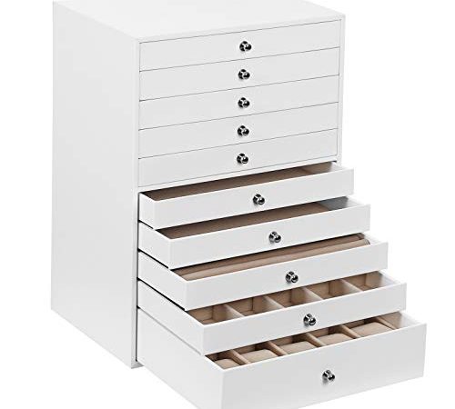 SONGMICS Boîte à bijoux grande taille, Coffre bijoux XXL, Rangement beauté 10 tiroirs, Organisateur avec plateaux, revêtement velours, style nordique scandinave, Blanc JBC10W