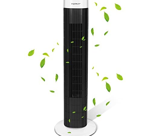 Aigostar Ben 33JTS - Ventilateur colonne 3 vitesses et large oscillation. Minuteur programmable avec arrêt automatique. 45W, 76cm, noir et blanc. Long câble.