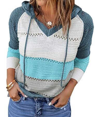 Amazon Brand – Hikaro Pull en Tricot à Capuche pour Femme - Veste d'hiver décontractée à Manches Longues, Bleu, L