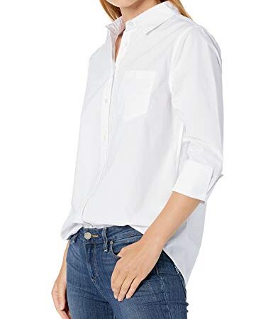 Amazon Essentials Chemise en Popeline à Manches 3/4 Coupe Classique Femme, Blanc, L