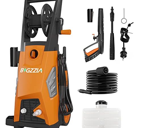 Bigzzia Nettoyeur Haute Pression 2000W, 3 en 1 Buse avec Enrouleur Nettoyeur Haute Pression éLectrique De Tuyau, 468 L/h, Pression Maxi : 150 Bar pour Maison, Voiture, Terrasse (Orange Sombre)