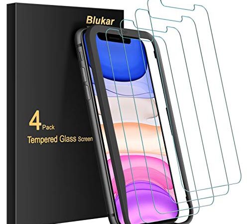 Blukar [Lot de 4 Verre Trempé pour iPhone 11 / iPhone XR, Film Protection d'écran [Kit Installation Facile] Film Protecteur Dureté 9H, sans Bulles, Anti-Rayures pour iPhone 11/ iPhone XR