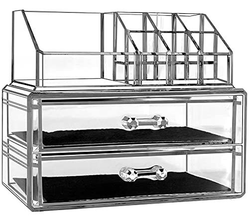 Boîte de rangement pour bijoux ou maquillage avec 2 tiroirs Transparent