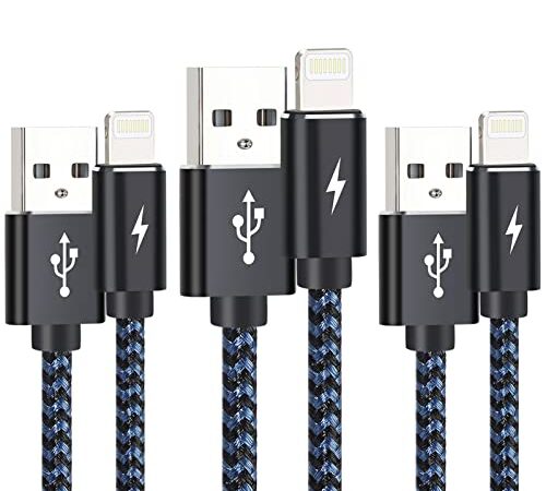 Câble iPhone [1m+1m+2m/Lot de 3] Cable Lightning Nylon Tressé Câble Charge Rapide Compatible avec iPhone 13/12/11 Pro Max /11 Pro /11 /XS Max/XR/XS/X /8/8 Plus、iPad Air、iPod