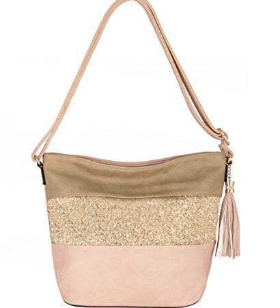 CRAZYCHIC - Sac Bandoulière Paillette Femme - Sacoche Besace Fourre-Tout Cuir PU Souple Porté Main Epaule - Grande Pochette Rayure Strass Brillant Multicolore - Sac Soirée Messenger Mode Chic - Rose