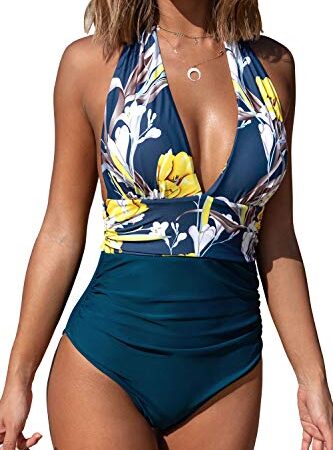 CUPSHE Femme Maillot de Bain Col V Dos Nu Maillot de Bain Une Pièce Indigo Bleu M