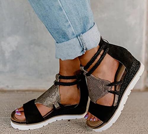 DZQQ Sandales Femmes Talon compensé Bout Ouvert Poisson Bouche Commerce extérieur Style Romain Sandales Chaussures Troupeau Fermeture éclair Grande Taille Chaussures Femmes