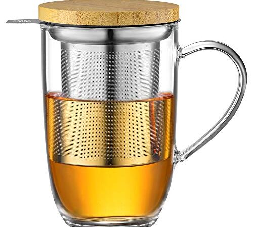 ecooe Tasse à thé en verre borosilicate 440 ml avec tamis ultra fin en acier inoxydable 18/10 - Couvercle en bambou naturel épais - Tasse pour café jus de fruits boissons gazeuses lait yaourt