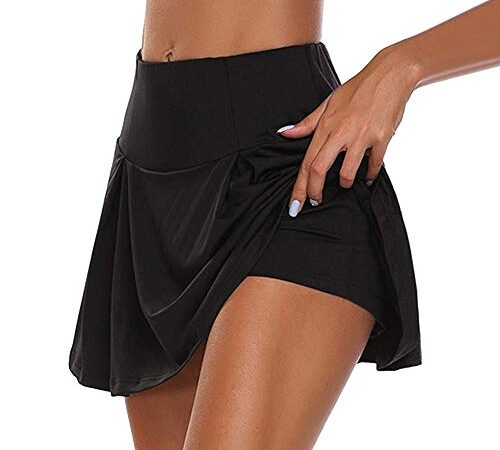 Hoomall Jupe-Short de Sport pour Femme Jupes Mini Skorts avec 2 Poches Sports Entraînement Tennis Golf Pantskirts Legging Élastique Pants Activewear(Noir 1,M)