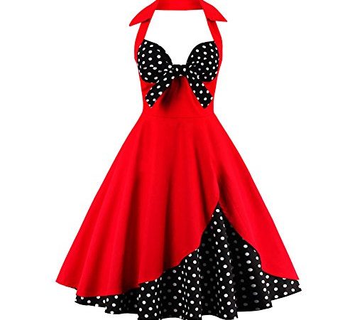 IWEMEK Femmes Vintage Retro Robe Trapèze Rockabilly à Fleurs Années 1950 50 60 Audrey Hepburn Style Dos Nu Encolure Coeur Robe de Cocktail Soirée Fête L'été Casual Habillée Robes Rouge+Noir M