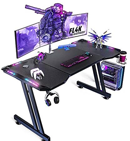 LED Gaming Bureau 120cm x 60cm Gamer Style Esport Ergonomic Bureau pour Bureau Domicile avec Grand Tapis de Souris Porte Gobelet Support Casque Noir