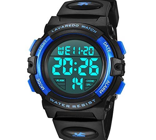 Montre Enfant Garçon Adolescent Digitale Outdoor Sport Multifonction Étanche LED Lumière Alarme Calendrier Date avec Bande de Silicone Camouflage Bleu