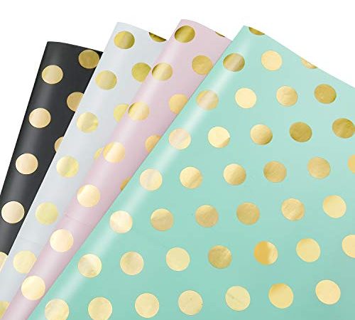 MOOKLIN ROAM Papier Cadeau, Lot de 4 papier d'emballage d'or Motif en Points pour Anniversaire, Vacances, Mariage, Cadeau de Naissance (4 Couleurs, 70 x 50 cm)