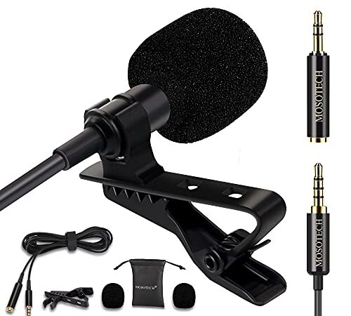 MOSOTECH Micro Cravate, Omnidirectionnel Audio Enregistrement Microphone à Condensateur avec 2m Rallonge, Micro Smartphone avec Clip, Compatible pour iPhone/Android/Appareil Photo/PC/Tablette