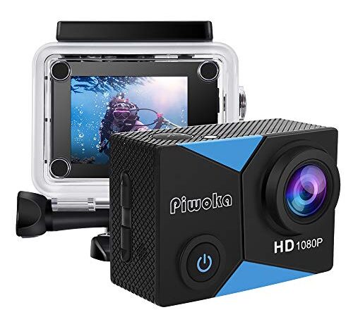 Piwoka Caméra Sport HD 1080P 12MP, Caméra d'action Étanche 30M 140 ° Grand Angle 2.0 '' Ecran LCD avec Batteries Rechargeables 900mAh et Kit d'accessoires