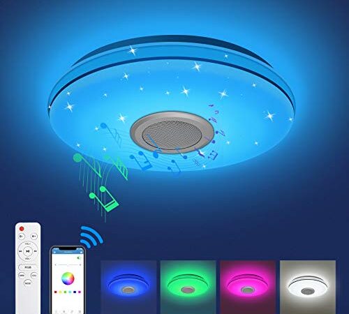 Plafonnier LED Musique Lumière Dimmable RGB , Plafonnier avec Haut-Parleur Bluetooth, Télécommande / APP Contrôle, 24W 2800LM IP54 Étanche, Lampe de Plafond pour Salon Chambre d'enfant - Ø 30CM