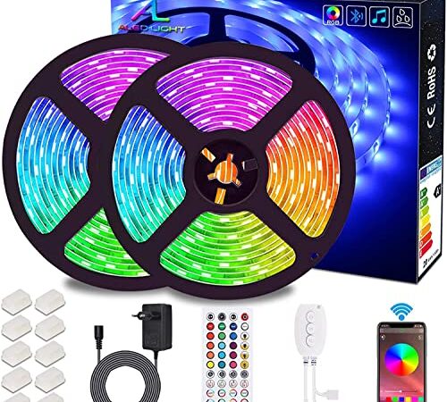 Ruban LED Bluetooth, ALED LIGHT Bande LED 2x5M(10M) 5050 RGB, Contrôlé par APP du Smartphone Android et IOS, avec Récepteur Bluetooth, Alimentation 12V, Télécommande IR, pour Décoration