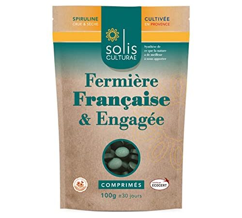 SOLIS CULTURAE spiruline produite en France ECOCERT et HVE / sachet 100g / 200 comprimés / 30 jours de cure / Renforce l'immunité / Riche en fer / Puissant antioxydant.