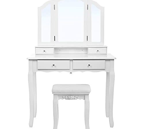 SONGMICS Grande Coiffeuse, Table de Maquillage, avec Miroir à 3 Volets, 4 tiroirs et 1 Tabouret, Style champêtre, Blanc, RDT07W