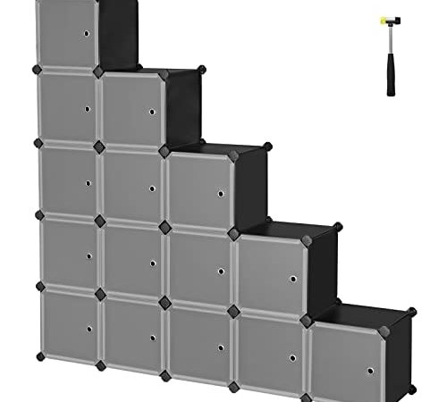 SONGMICS Meuble de Rangement Modulable, 16 Compartiments, Étagère en Plastique, avec Portes, pour Vêtements, Chaussures, Jouets, Livres, Assemblage Facile, Noir LPC44HS